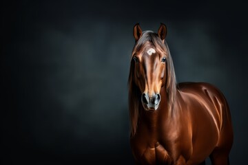 A brown horse, serene and beautiful, stands in a dark room. - obrazy, fototapety, plakaty