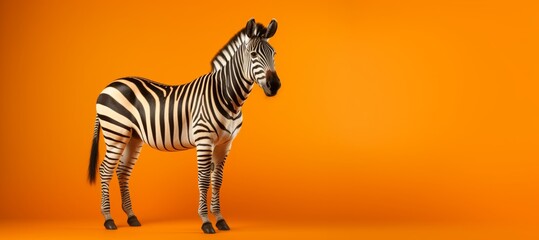 A zebra stands against an orange background, its stripes reminiscent of racing stripes. - obrazy, fototapety, plakaty