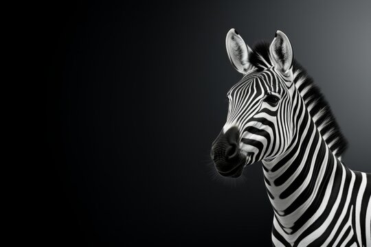 A zebra is depicted in a striking black and white photo.