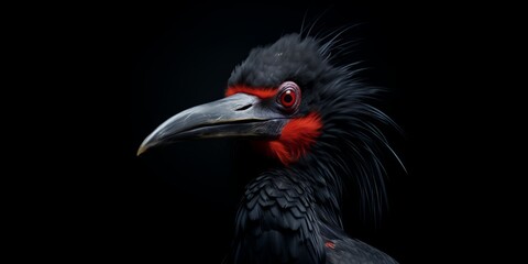 Obraz premium A bird, its head and upper body captured in a surrealistic portrait, stands against a black background.