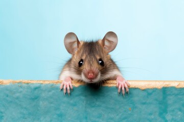An anthropomorphic mouse, brown and white in color, sits on a blue surface.