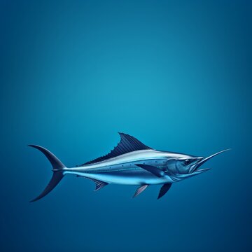 A blue marlin swims in the ocean, its detailed form contrasting with the blue wall.