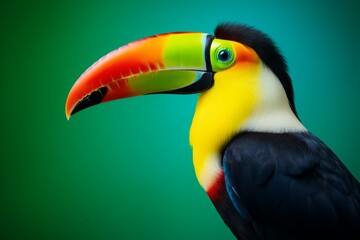 A colorful toucan, its long yellow beak distinct, stands against a green background.