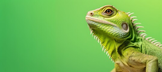 A green-scaled iguana stands out against a green background, its reptilian features prominent.