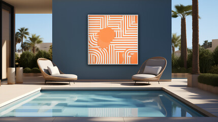 Minimalist swimming pool - blue wall - artwork on wall - pool chairs - vacation - holiday - getaway - escape 
