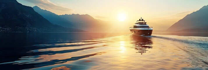 Luxury yacht sailing on a serene lake at sunset with mountains in the backdrop created with Generative AI Technology - obrazy, fototapety, plakaty