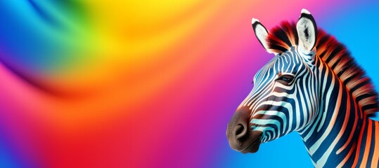 A zebra stands against a rainbow background, its form part of op art.