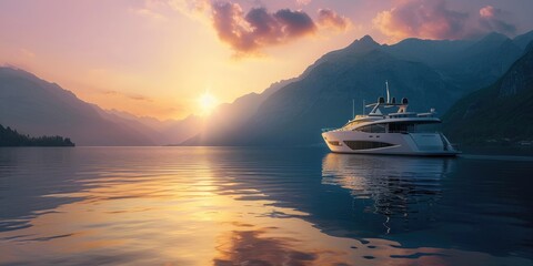 Luxury yacht sailing on a serene lake at sunset with mountains in the backdrop created with Generative AI Technology