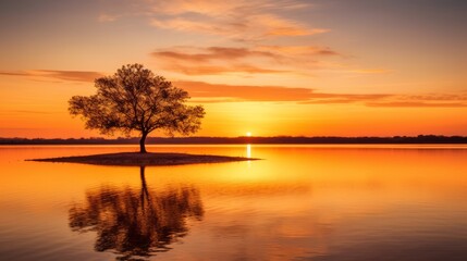 Obraz premium A lone tree sits on a small island in a lake filled with molten gold, basking in the warm spring sunset.