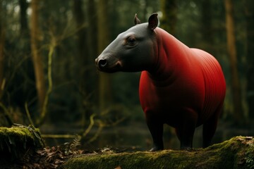 Fototapeta premium A hippo, wearing a red shirt and resembling a surreal hybrid animal, stands in a forest.