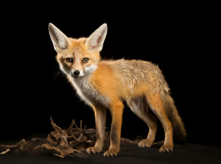 A fox animal stands atop a pile of leaves.
