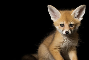 Obraz premium A baby fennec fox is seen sitting on a black surface.