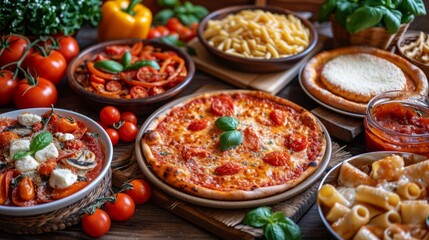 Delicious spread of Italian cuisine featuring pizza and pasta dishes