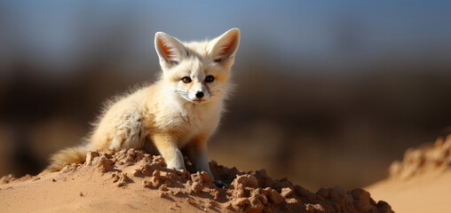 A small, cute white fox, identified as a fennec, sits on a pile of dirt.