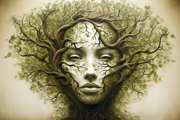 A beautiful, elegant dryad is portrayed in a painting of a woman's face surrounded by trees.
