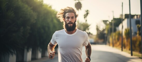 Fit Caucasian 20s hipster guy jogging, prioritizing a healthy lifestyle and fitness goals, training his body and physical strength through morning cardio workouts. - obrazy, fototapety, plakaty