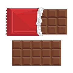 Chocolate vector illustration on white background. Valentine's Day chocolate decorative elements. Milk chocolate in red packaging.