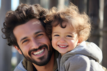 A smiling man, his large front teeth visible, holds a small child in his arms. - obrazy, fototapety, plakaty