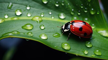 Fototapeta premium A red ladybug sitting quietly on a leaf