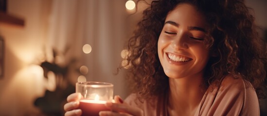 Content woman finds joy in candle scent, smiling at lit candle in cozy home atmosphere at night. Self-care and relaxation. - obrazy, fototapety, plakaty