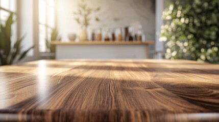 Fototapeta premium Empty Wooden Table in Sunny Kitchen Interior