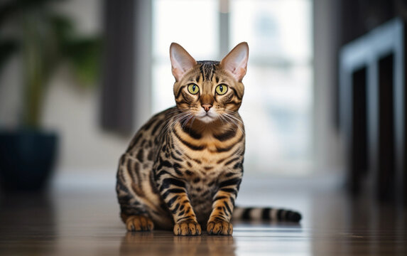 Bengal cat sits on the floor in the living room, full body picture