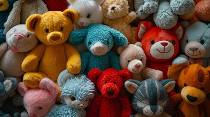 Assortment of cuddly stuffed animals in a colorful display - obrazy, fototapety, plakaty