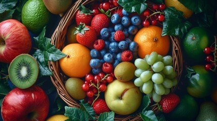 Naklejka na ściany i meble Basket of assorted fresh fruits brimming with vibrant colors.