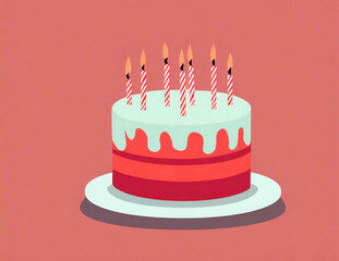 たくさんのロウソクが乗っているテーブルに置かれた丸いホールのバースデーケーキのイラスト