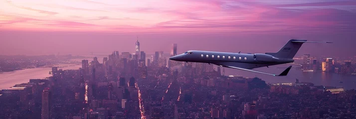 Rolgordijnen Small private jet flying above a bustling metropolitan cityscape at dusk created with Generative AI Technology © Vehicles Generative
