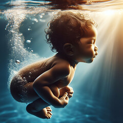 Child in the swimming pool, frictional character, generative Al technology 