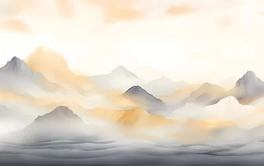 Rolgordijnen abstract mountain and gold line art background. Minimal oriental watercolor style painting. generative ai © KBL Sungkid