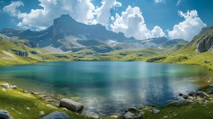 Majestic mountain range reflected in a serene lake under a clear blue sky