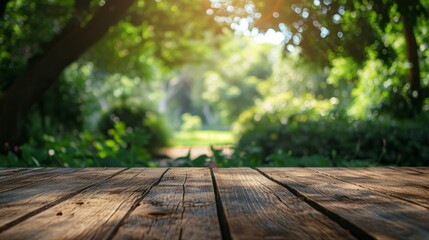 Wooden Table with a Blurry Garden Background in Morning Light