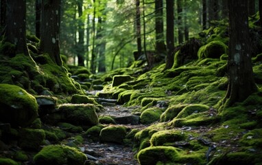 Enchanting Forest Path Covered with Lush Green Moss