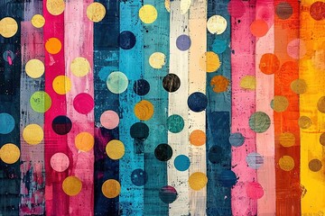 Abstract minimalist multicolored gold polka dots with terrazzo and doodle, floral digital stamps. Striped painting, bold color palette. colorful geometrics.