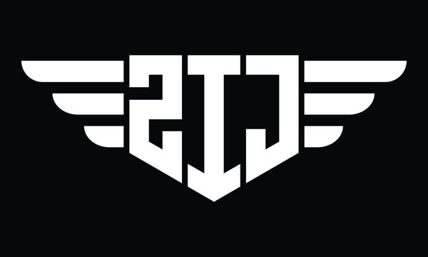 ZIJ three letter logo, creative wings shape logo design vector template. letter mark, word mark, monogram symbol on black & white.	