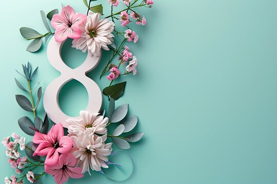 Flowers composition. Greeting card for Womens day or 8 march. Flat lay, top view