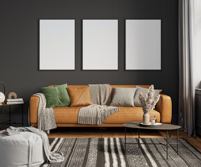 Mock up poster frame in Black living room interior with leather sofa, 3D render, 3D illustration