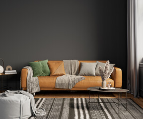 Wallpaper mockup in Black living room interior with leather sofa, with transparent background, 3d render, 3D illustration