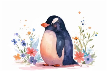 Naklejka premium Watercolor cute happy penguin side view, standing up. Emerald colour accents with a minimalist floral background. Boho style, vintage style. Great as birth card for baby, child. Child room wallpaper.