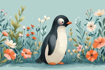 Naklejka premium Watercolor cute happy penguin side view, standing up. Emerald colour accents with a minimalist floral background. Boho style, vintage style. Great as birth card for baby, child. Child room wallpaper.
