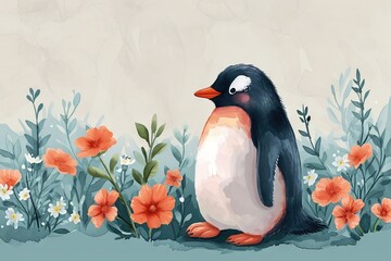 Naklejka premium Watercolor cute happy penguin side view, standing up. Emerald colour accents with a minimalist floral background. Boho style, vintage style. Great as birth card for baby, child. Child room wallpaper.