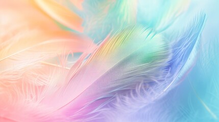 Abstract feather soft light background. Closeup image of white fluffy feather on pastel colourful rainbow foggy background.  AI generated image.