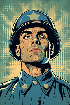 Front facing headshot of a solider in the style of 1950s pop art, a retro illustration inspired by comic book art and woodcut graphics