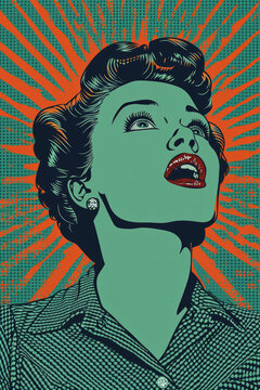 Front facing headshot of a surprised woman in the style of 1950s pop art, a retro illustration inspired by comic book art and woodcut graphics