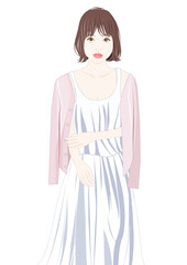 カーデガンを羽織り腕を組む若い女性イラスト