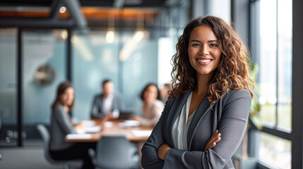 Young smiling successful businesswoman in formal wear standing in boardroom with arms crossed and looking at camera.In background her colleagues having meeting. - obrazy, fototapety, plakaty