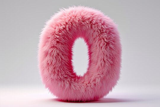 Cute pink number 0 or zero as fur shape, short hair, white background, 3D illusion, storybook style