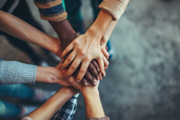 A group of people with their hands together. Business teamwork and support - 708318568